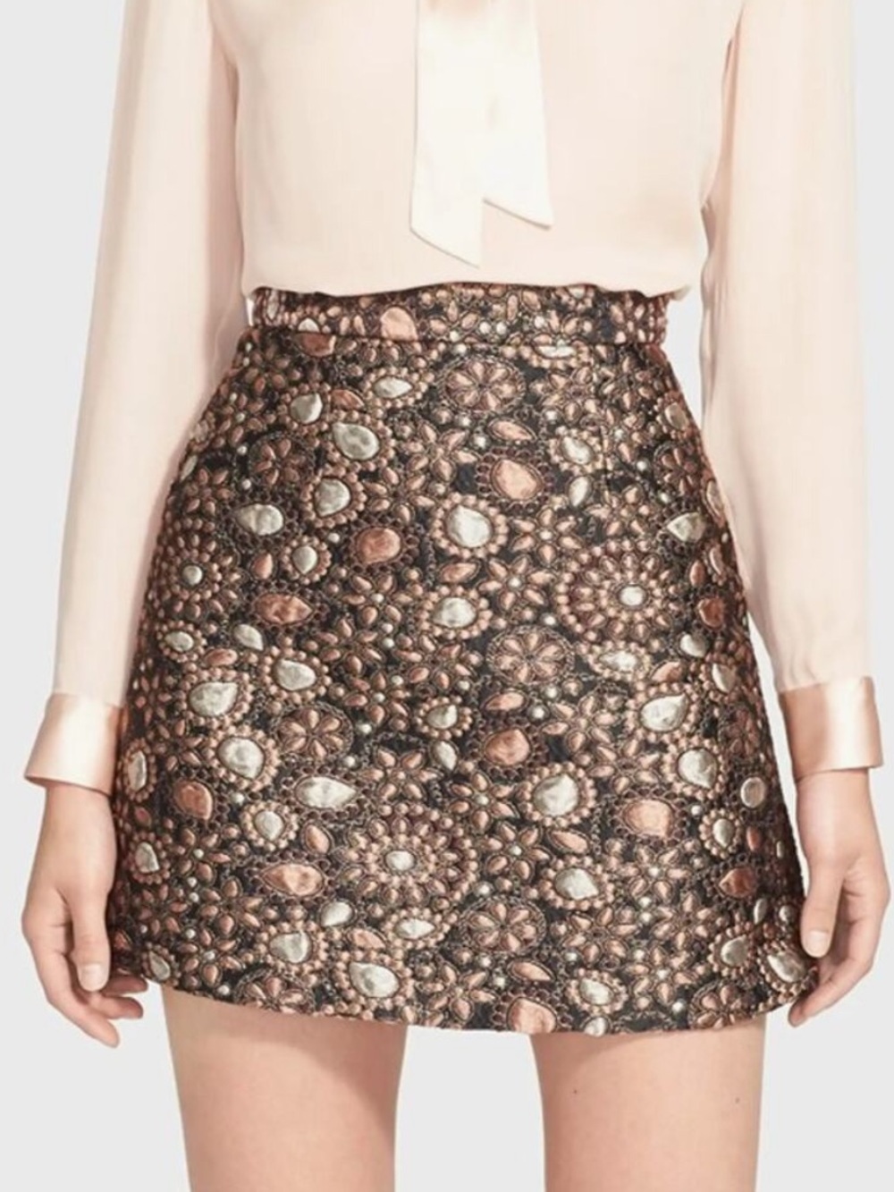 Alice & Olivia Jessa Brocade Mini Skirt A-Line Brown Metallic Floral Sz 2